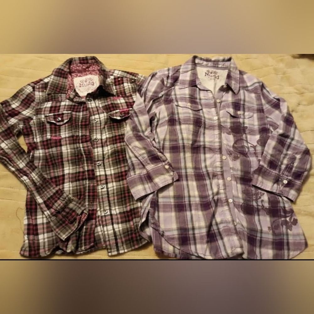 2 Mudd Shirts Purple Plaid Button Up Long Sleeve Girls Medium 10/12 Bundle Lot